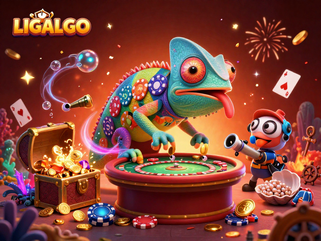 LIGALGO showcases a vibrant chameleon casino owner snapping golden coins amidst a festive underwater gaming scene.
