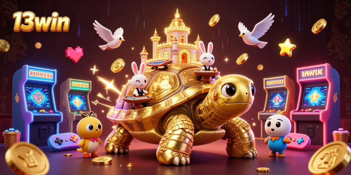 Win big at 13win with a vibrant illustration of a casino scene featuring a golden tortoise and a rabbit dealer.