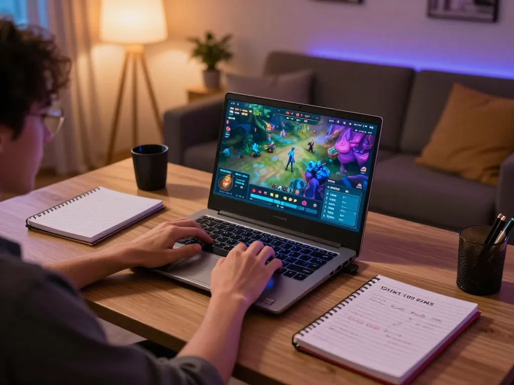Person engaged in GG88 online betting, showcasing modern gaming setup and strategic notebooks