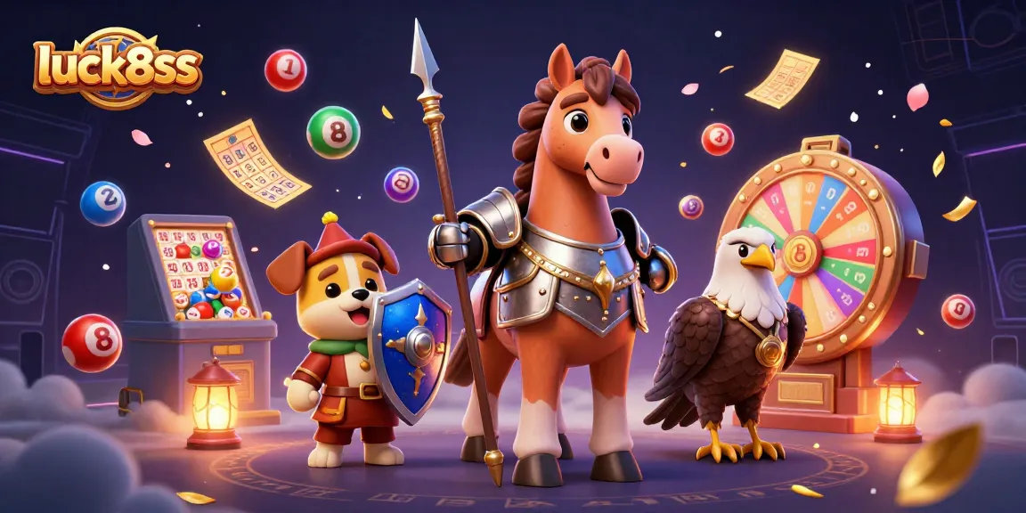Experience excitement in luck8ss with a knight, puppy, and falcon amidst vibrant lottery elements.