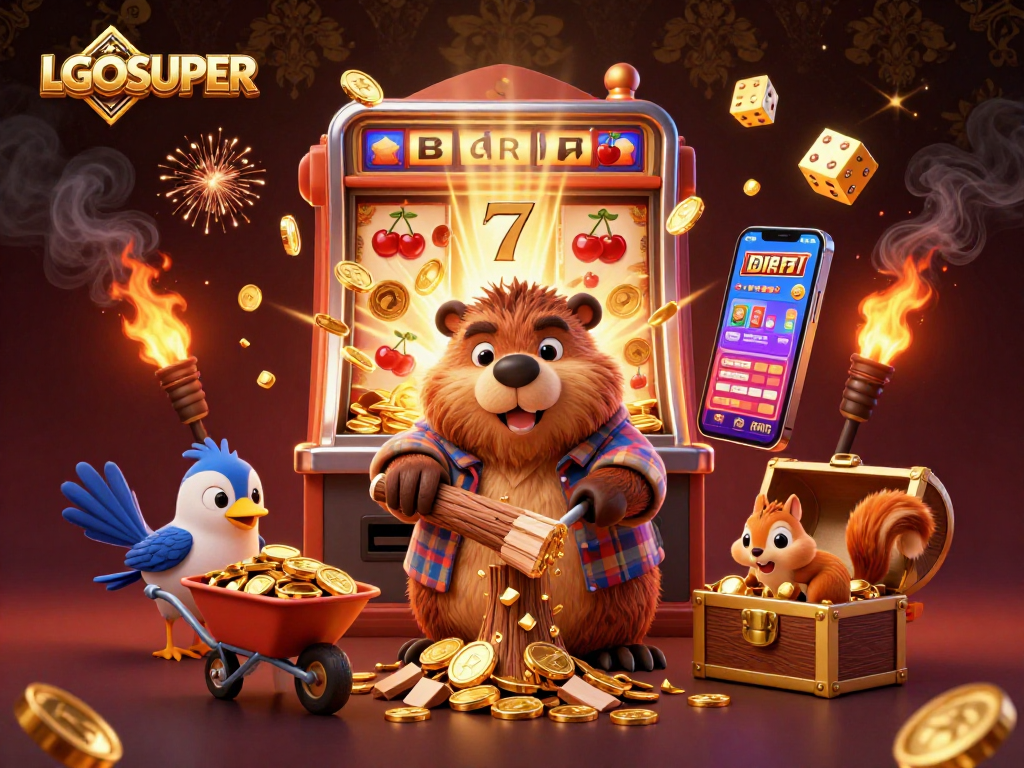 Experience thrilling gameplay with LGOSUPER's dynamic casino scene featuring charming characters amidst massive slot games.