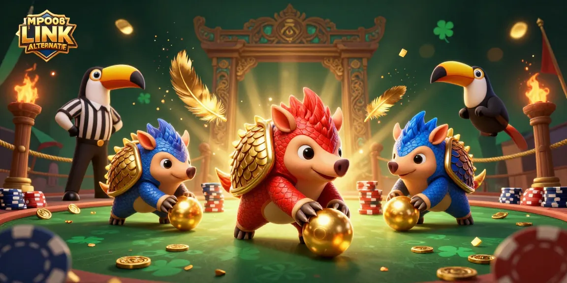 Engage with MPO08 LINK ALTERNATIF while witnessing rival pangolins bowling through poker chips in a vibrant casino scene.