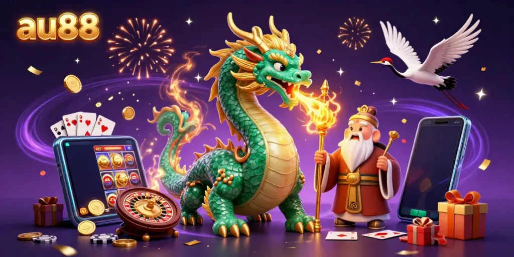 Experience thrilling gameplay with au88 in an enchanting 3D casino scene featuring a jade dragon and magical elements.
