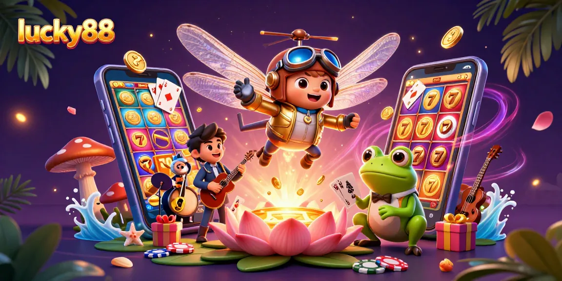 Experience lucky88 with a lively dragonfly pilot, frog croupier, and jazz musicians in this vibrant casino scene.