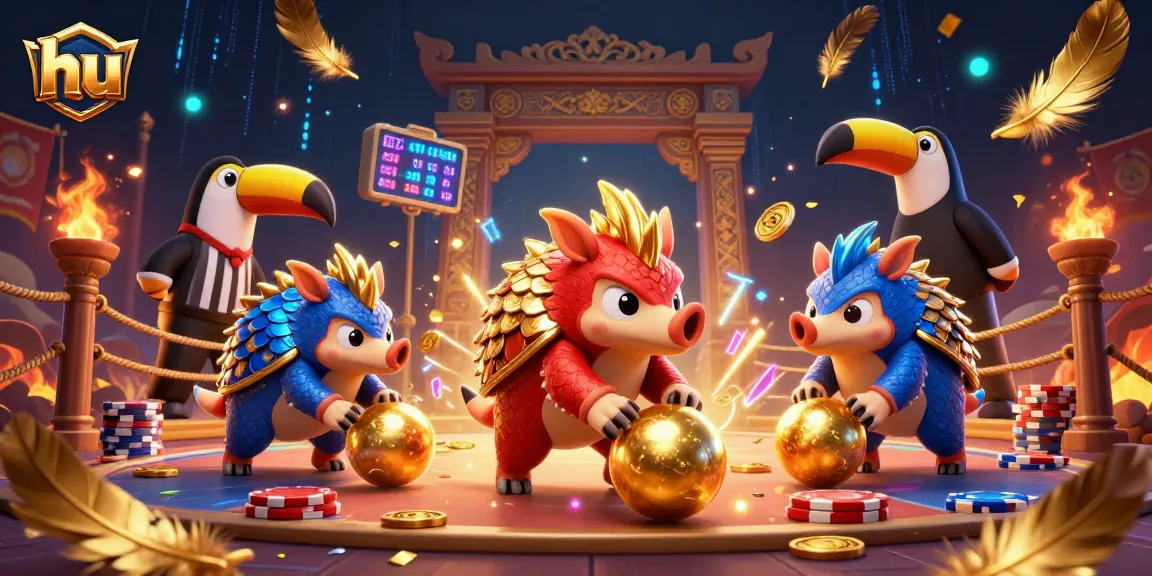Engage in thrilling hu gaming with rival pangolins battling in a vibrant casino arena.
