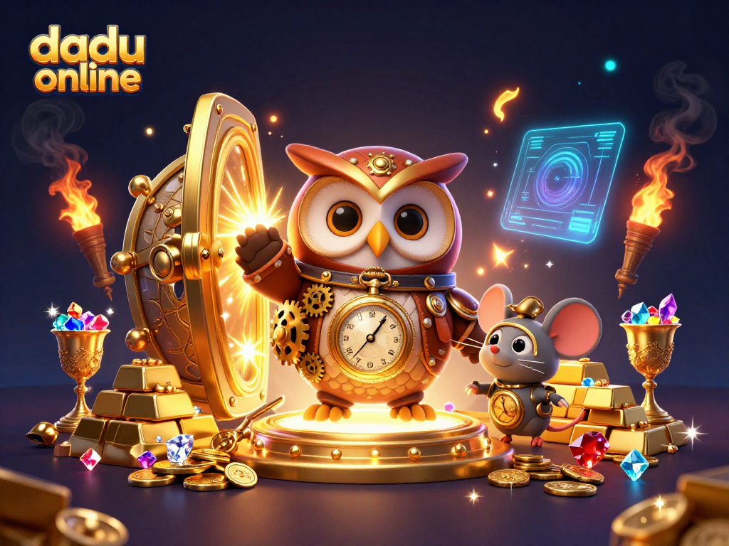 Experience the thrill of dadu online with a dynamic 3D illustration showcasing a time-traveler owl and lavish casino elements.