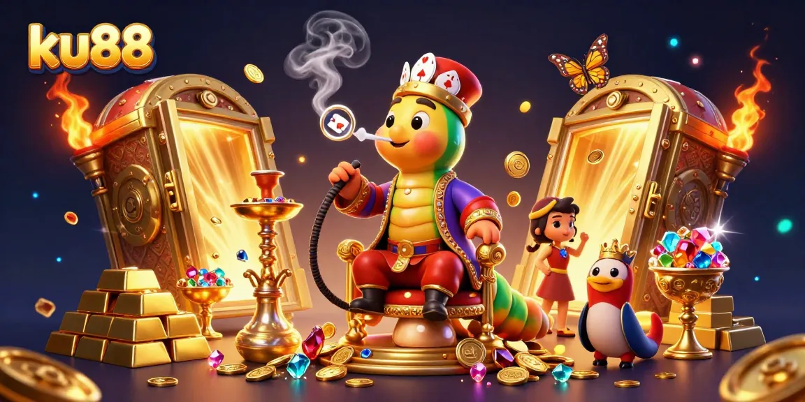 ku88 illustrates a 3D caterpillar Sultan amidst golden treasures and poker symbols