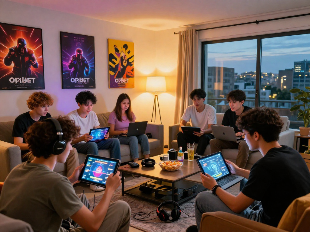Excited friends strategizing for oxbet gaming session in stylish living room.