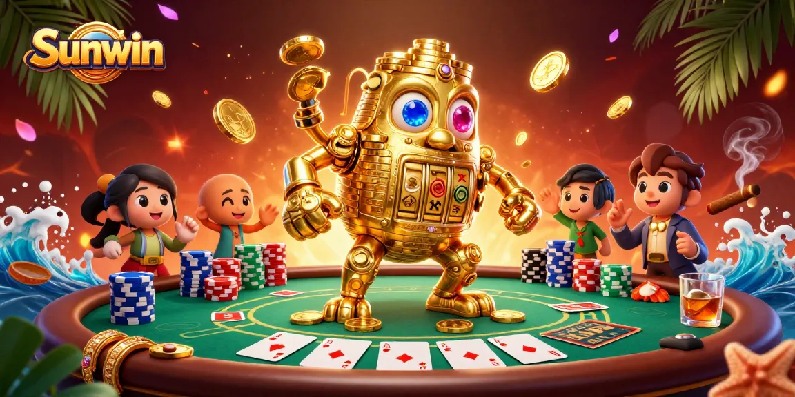 Engage with Sunwin's vibrant 3D casino scene featuring a golden golem and dynamic poker elements.