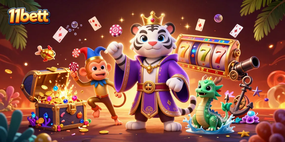 Engage with thrilling slots at 11bett, featuring vibrant characters and casino elements.