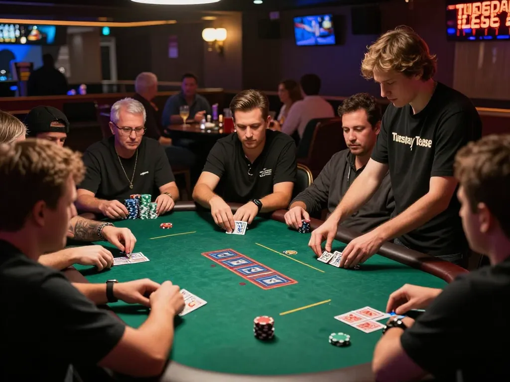 TuesdayTeaseDallas event shows players engaged in a live poker game with vibrant atmosphere.