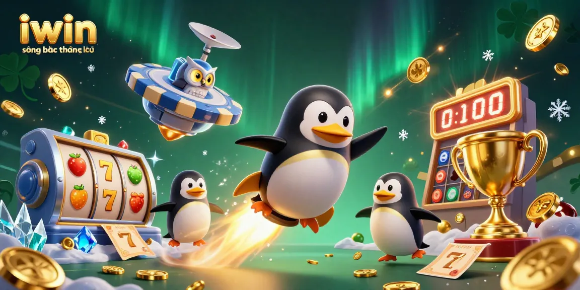 Spin the reels at iwin sòng bạc thượng lưu featuring golden penguin and thrilling casino elements.