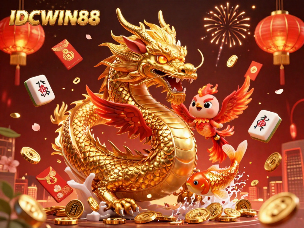 Score big with IDCWIN88 in this vibrant 3D casino scene of dragon, phoenix, and koi.