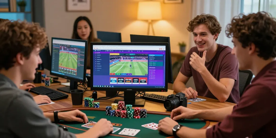 Excited players exploring 먹튀스팟 betting strategies online with colorful screens.