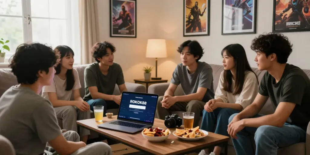 Friends engaging in gaming conversation with ROKOK88 login on screen, cozy indoor ambiance.