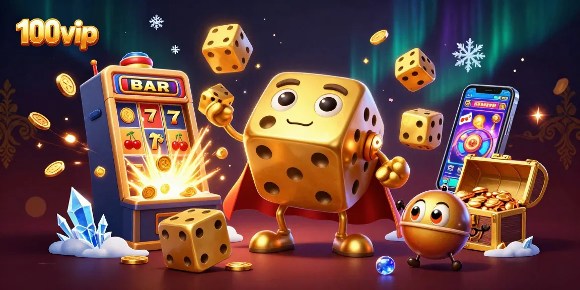 Play exciting games at 100vip with an animated golden dice golem and jackpot illustrations.