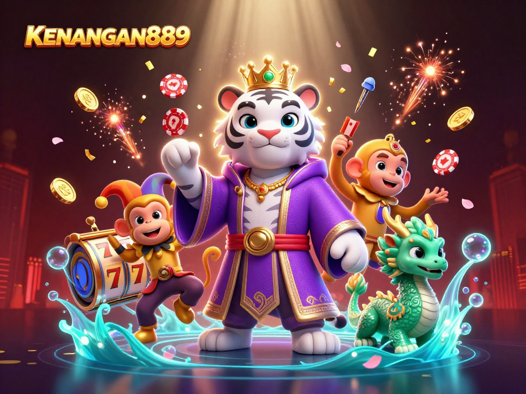 Experience KENANGAN889’s vibrant gaming energy with illustrated characters and dynamic slot reels.