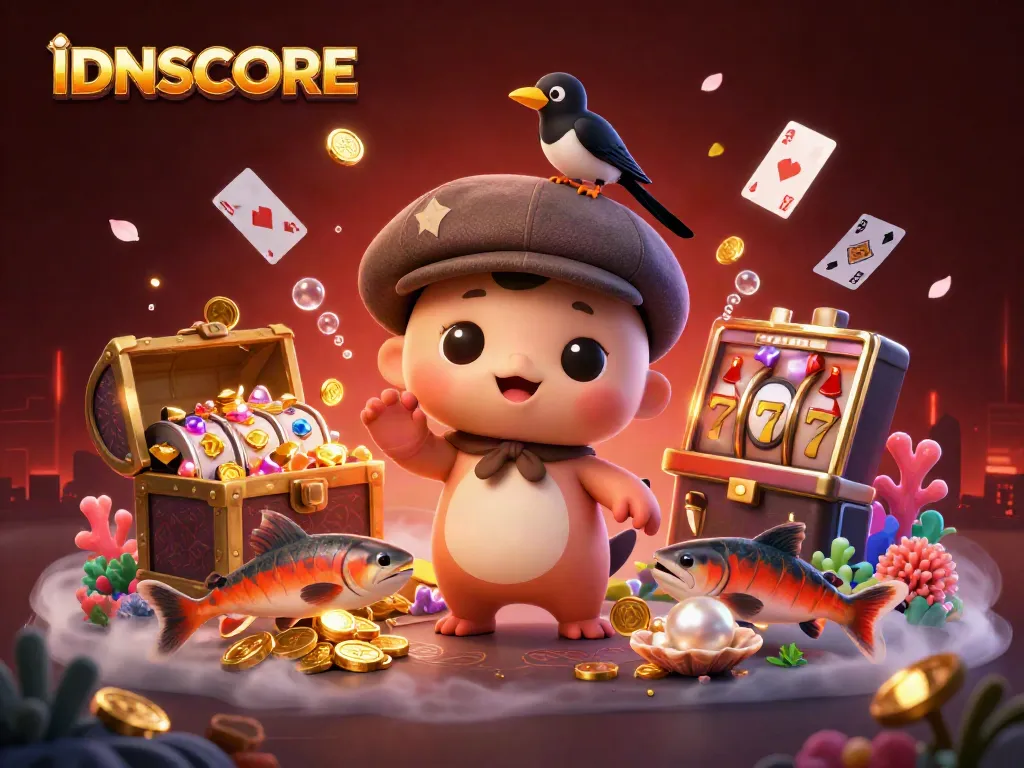Experience the thrill of IDNSCORE with playful cartoon characters in a bustling casino underwater scene.