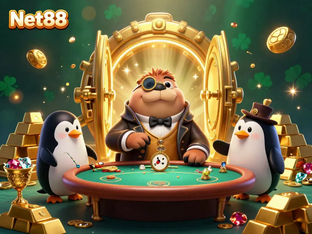 Experience winning hands at Net88's underwater poker table with animated characters.