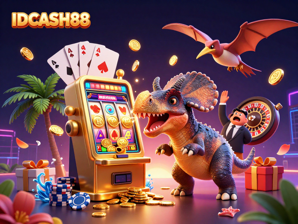 Witness the IDCASH88 spectacle of a pachycephalosaurus celebrating a jackpot at a golden slot machine