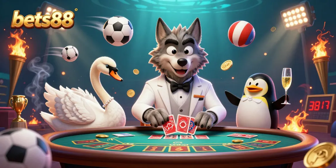 Experience excitement at bets88 with a vibrant 3D casino scene featuring a wolf, swan, and penguin.