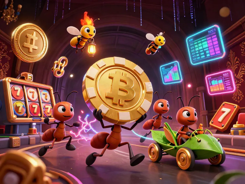 Experience thrilling gaming with 68WIN's vibrant scene of playful ants on a heist amid colorful casino elements