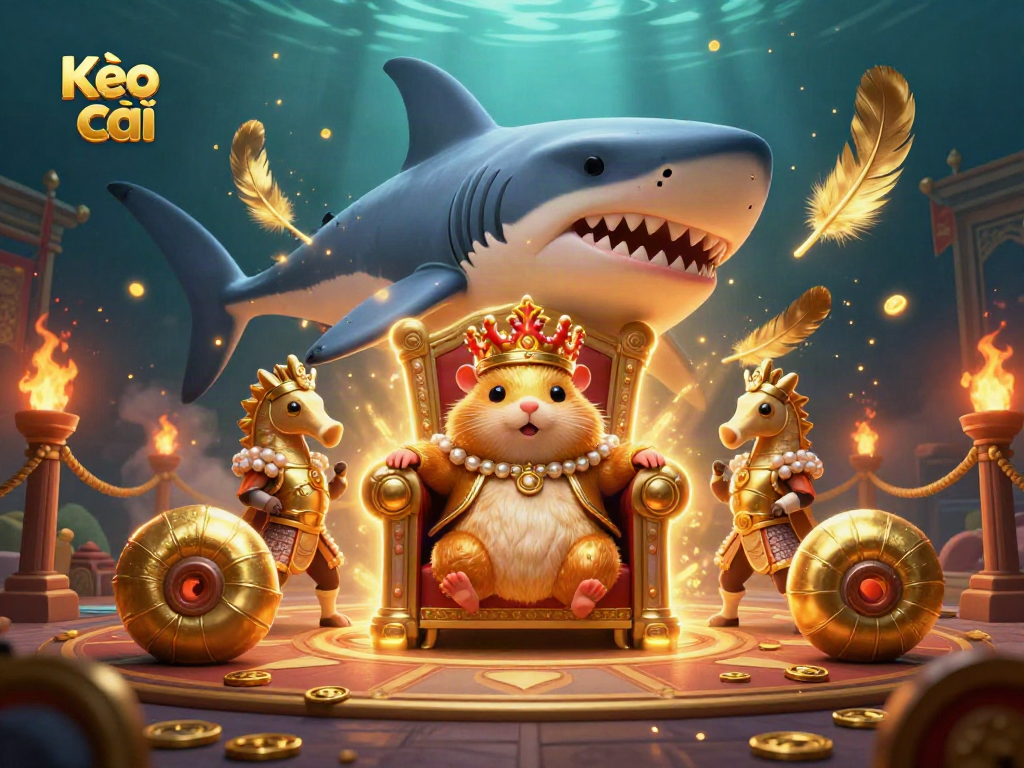 Kèo nhà cái showcases an epic scene with a golden hamster king and royal guards amidst a vibrant casino arena.