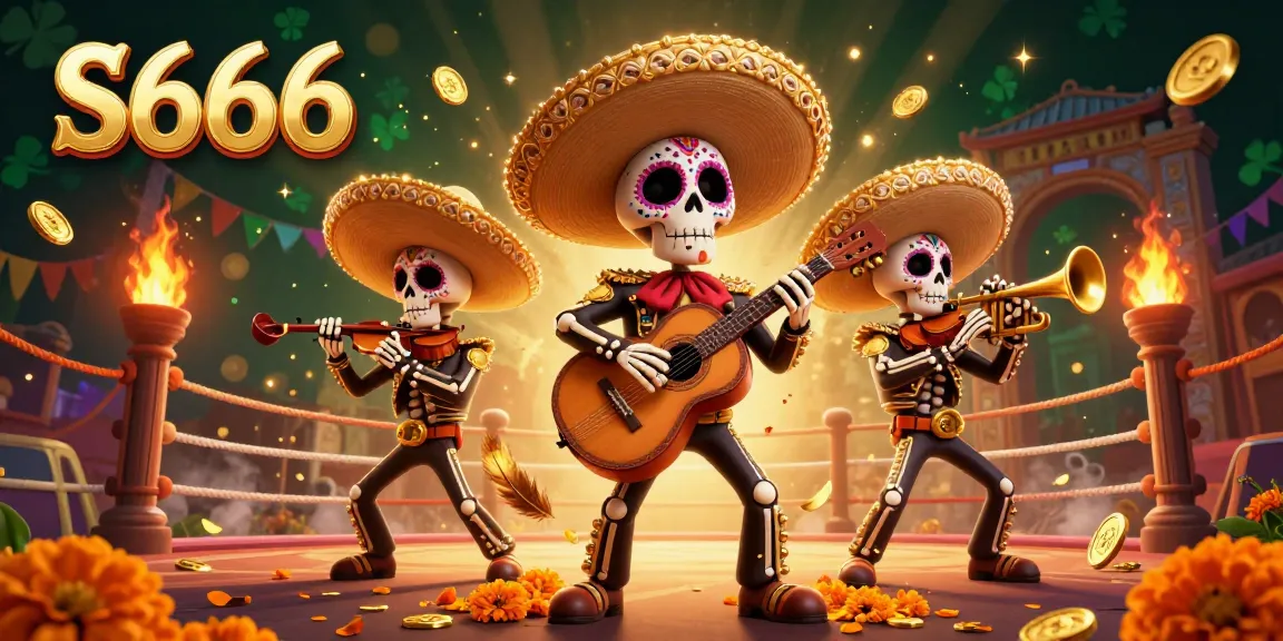 S666 offers an engaging environment with skeleton musicians celebrating wins amid vibrant casino elements.