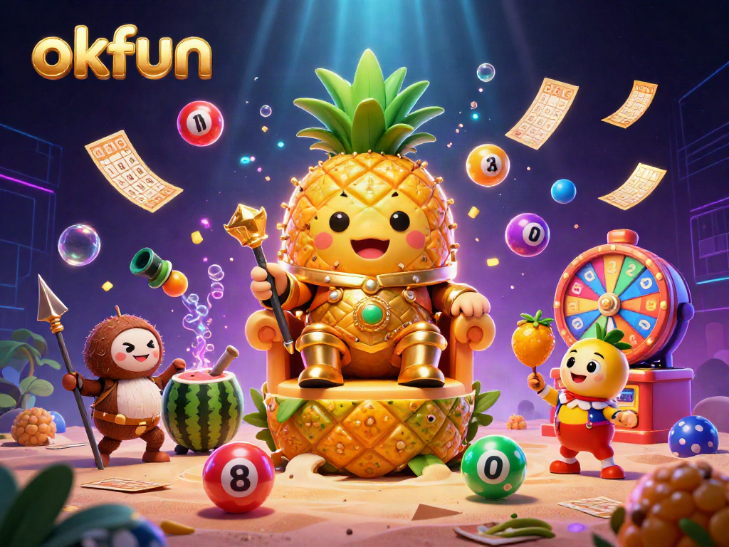Join the fun on okfun with the vibrant casino scene featuring a golden pineapple king!