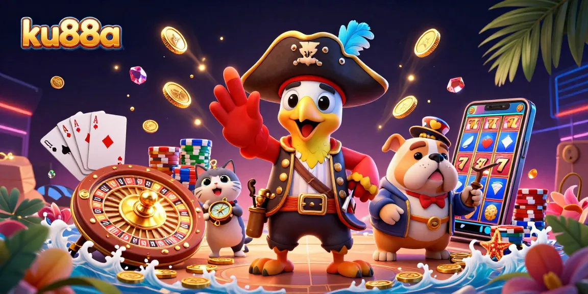 Engage with ku88a's vibrant casino world featuring card games, colorful chips, and lucky spins.