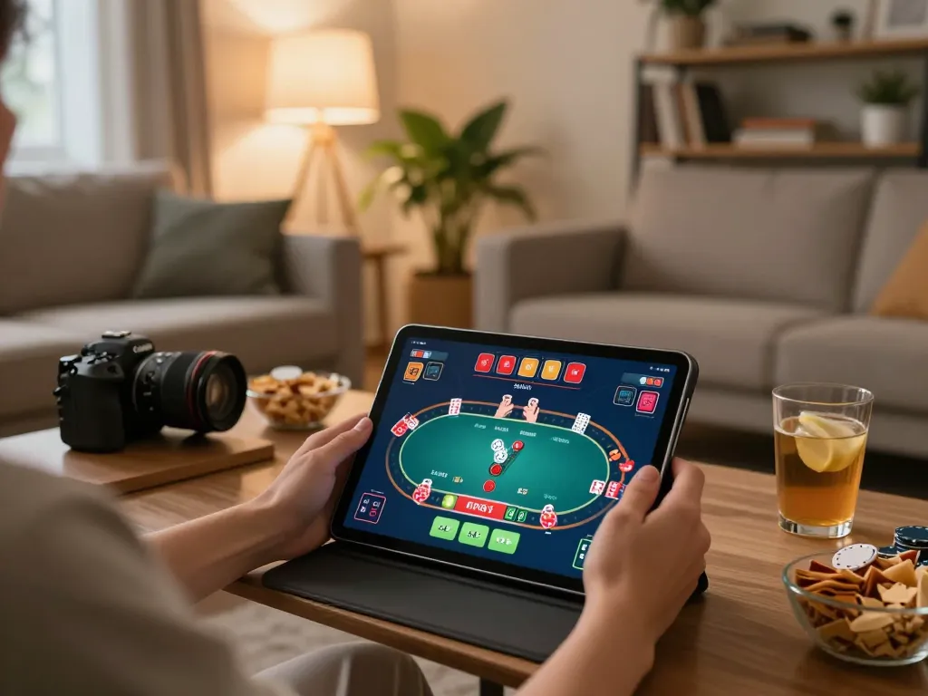 Engaging in online poker with spacucina at home, showcasing tablet interface and cozy atmosphere