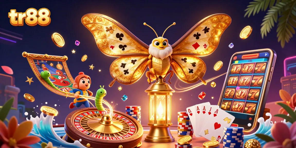 Spin to win with tr88's vibrant casino world, featuring magical moths and captivating gaming experiences.