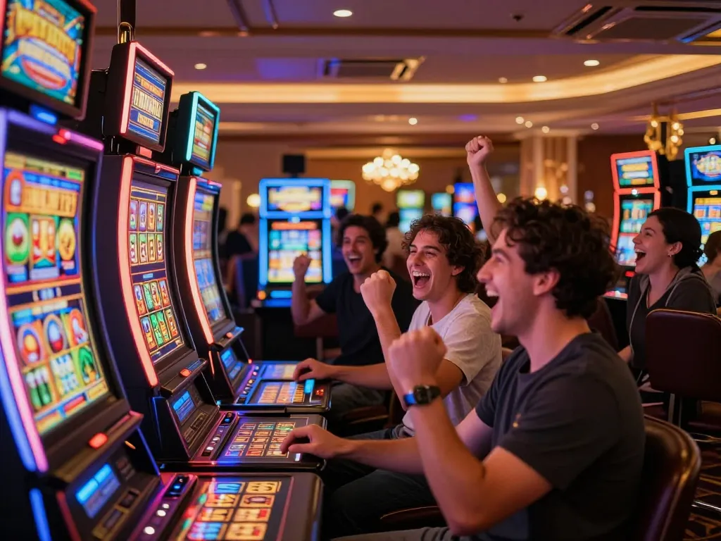 Celebrate a winning moment at the slot machines in a lively casino environment showcasing milkandhoneyclay products in the background.