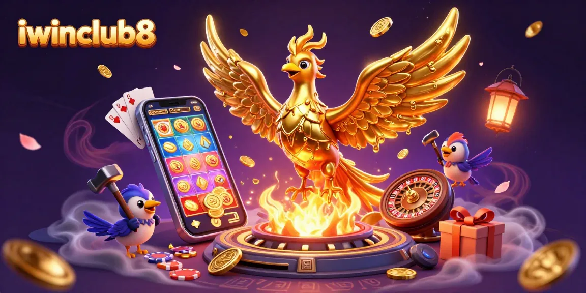 Spin the reels with iwinclub8 featuring a golden phoenix and vibrant casino elements