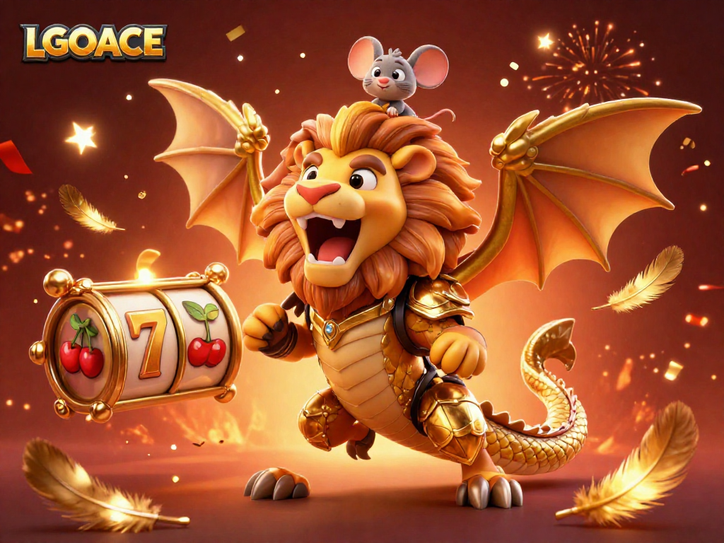 LGOACE showcases a triumphant chimera and mouse jockey amidst vibrant casino elements and celebratory fireworks.