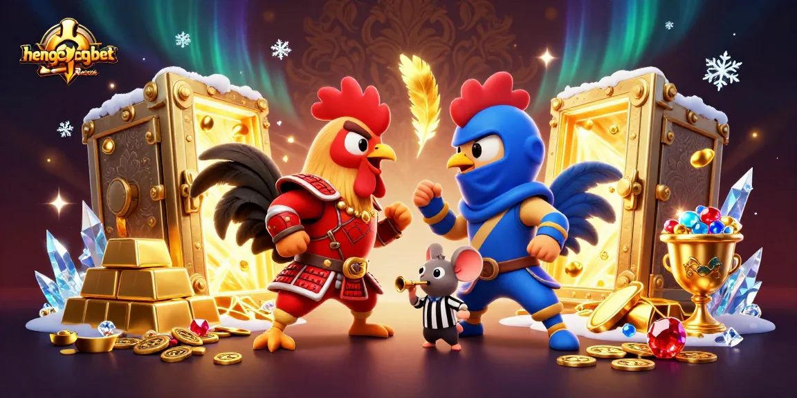 Engage with thrilling gameplay at hengongbet, showcasing epic rooster standoff amid golden treasures and casino elements.