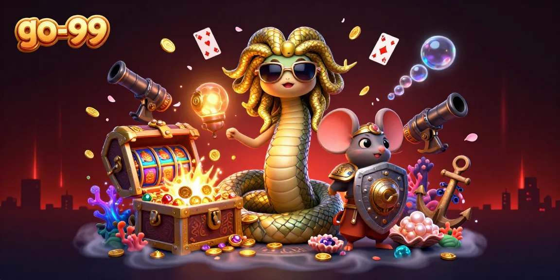 Spin the reels at go-99 with Medusa and a warrior mouse in a vibrant casino setting.