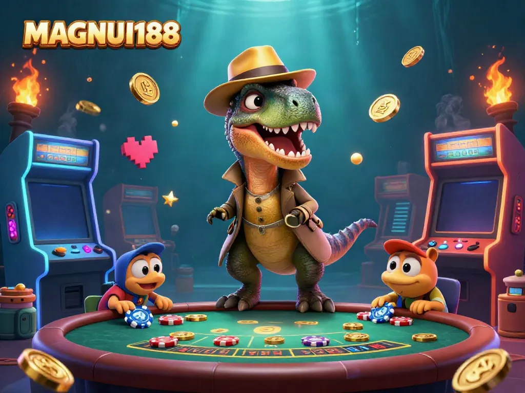 Experience MAGNUM188 with a thrilling casino scene featuring a velociraptor card counter at a blackjack table, engaged in excitement.