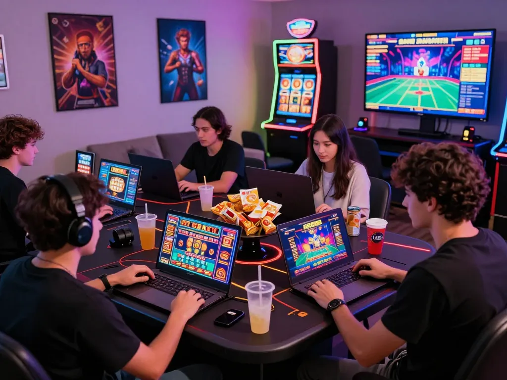 Players enjoying an exciting gaming experience on RR88 platform with laptops and vibrant visuals.