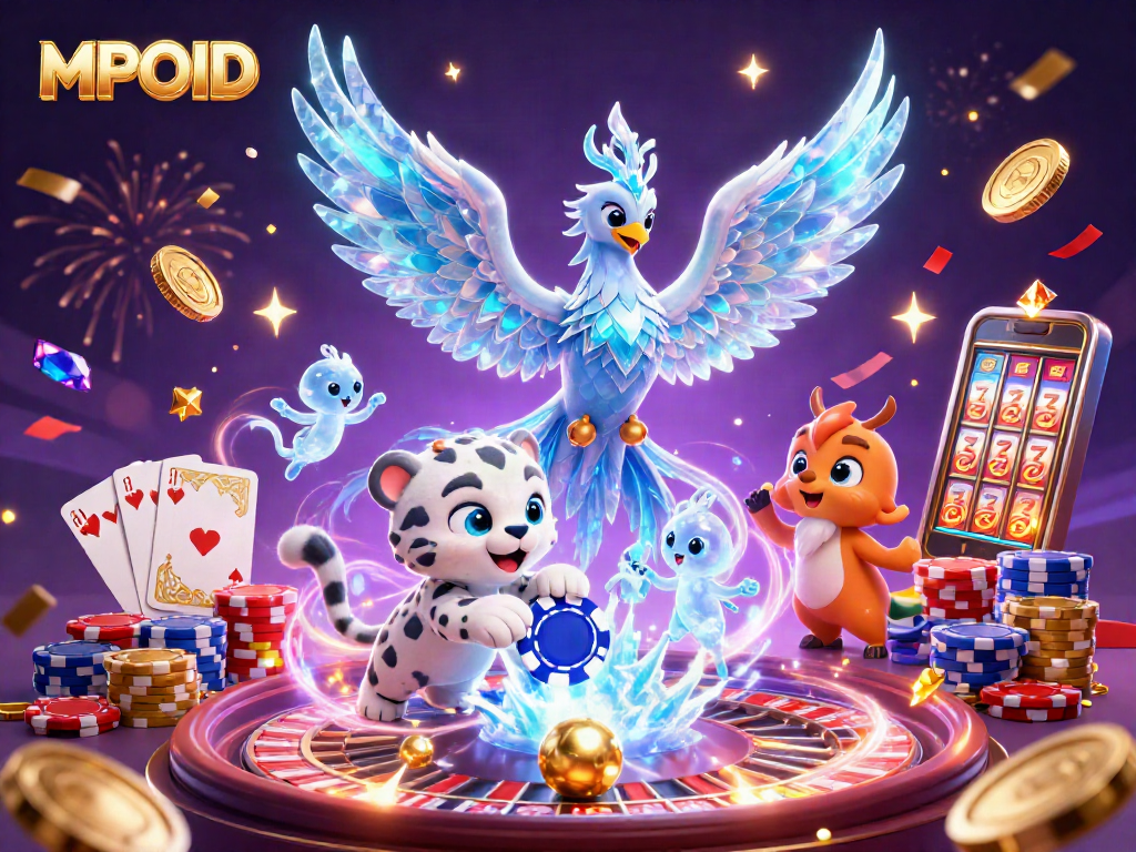 Experience the excitement of MPOID casino gaming with a dazzling 3D illustration featuring vibrant characters and dynamic elements.