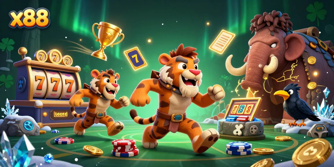 x88 spins the reels in an exciting prehistoric casino, featuring cartoon characters with casino elements.