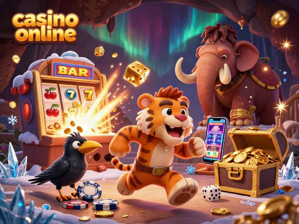 Juega en un casino online con tragamonedas y dados mientras los personajes interactúan en una escena dinámica.