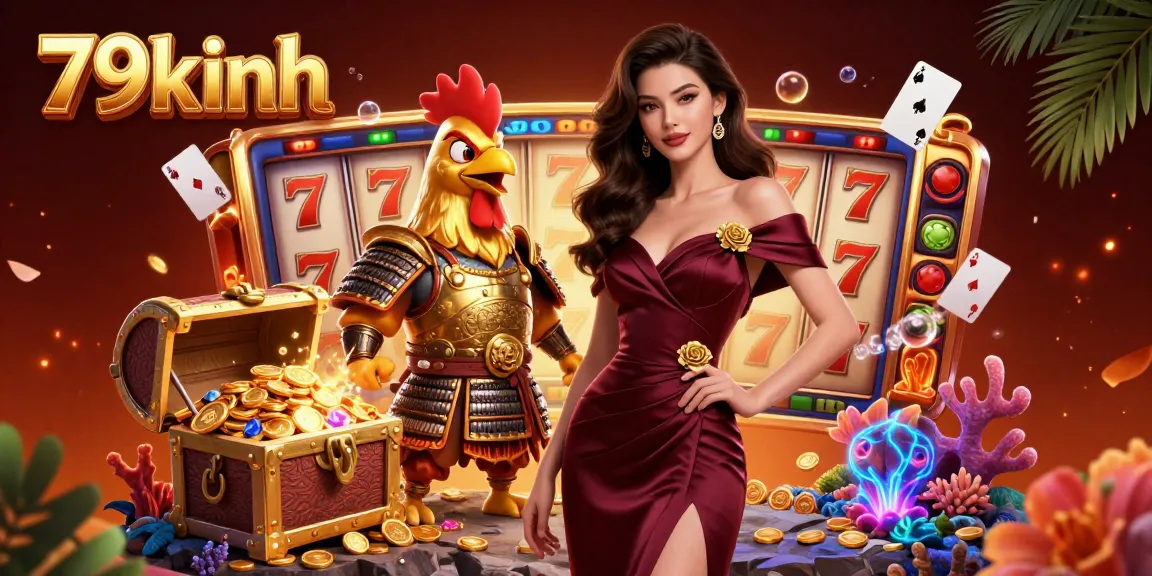 Experience the thrill of 79kinh with vibrant slot elements and dynamic 3D characters in a casino setting.