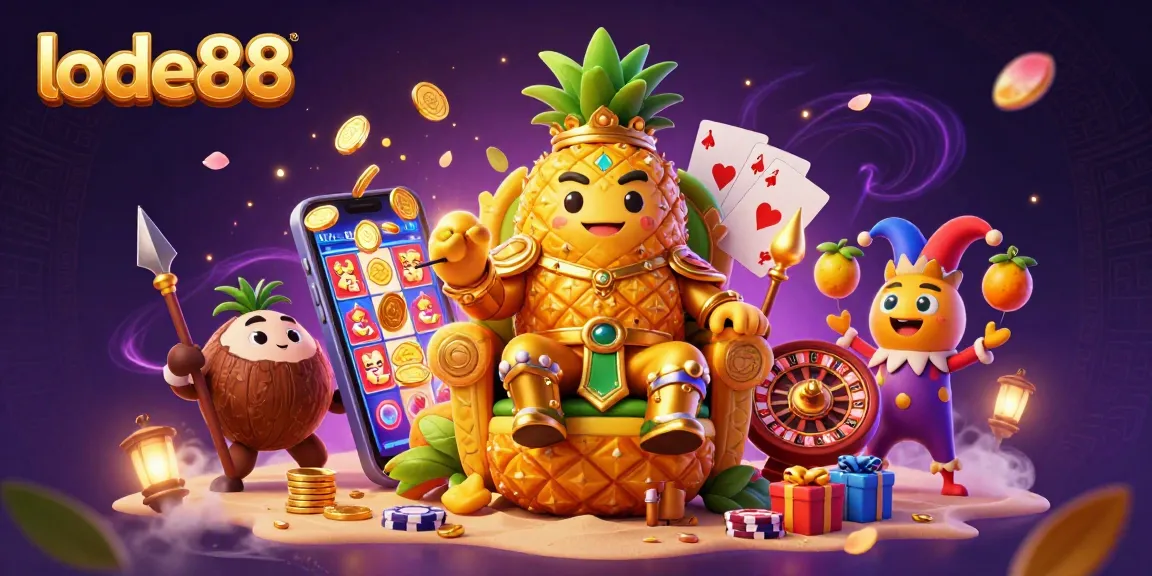 Experience thrilling slot adventures with lode88's vibrant 3D casino scene featuring dynamic characters and exciting games.