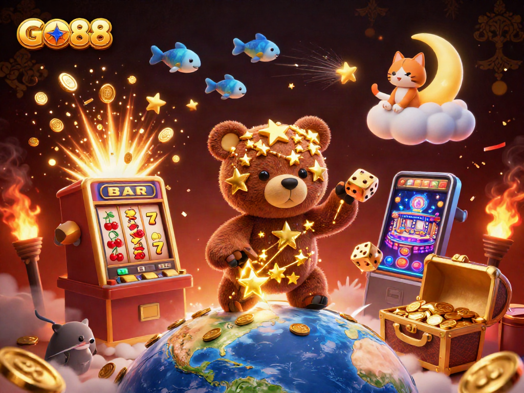 Engage in exciting GO88 casino gameplay with a magical scene of a golden bear amidst casino elements.