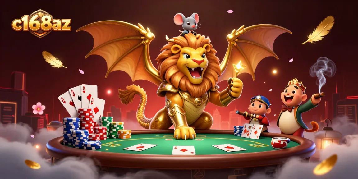Experience dynamic gaming action with c168az in a vibrant 3D casino scene, filled with poker elements.