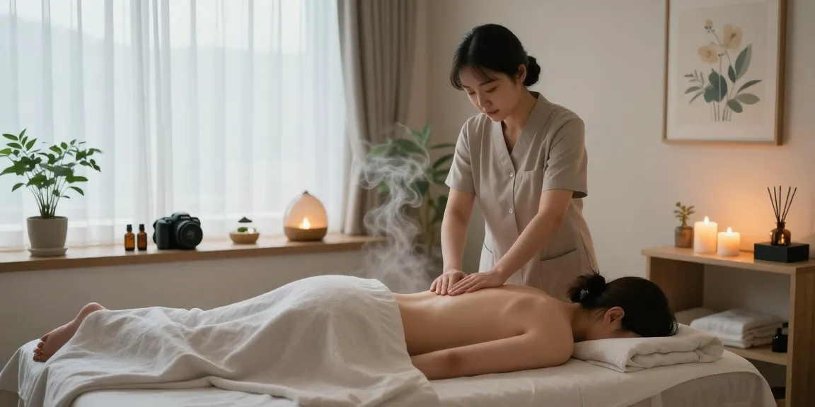 Relaxation scene featuring 남양주출장마사지 in a serene therapy room with natural light and soothing elements.