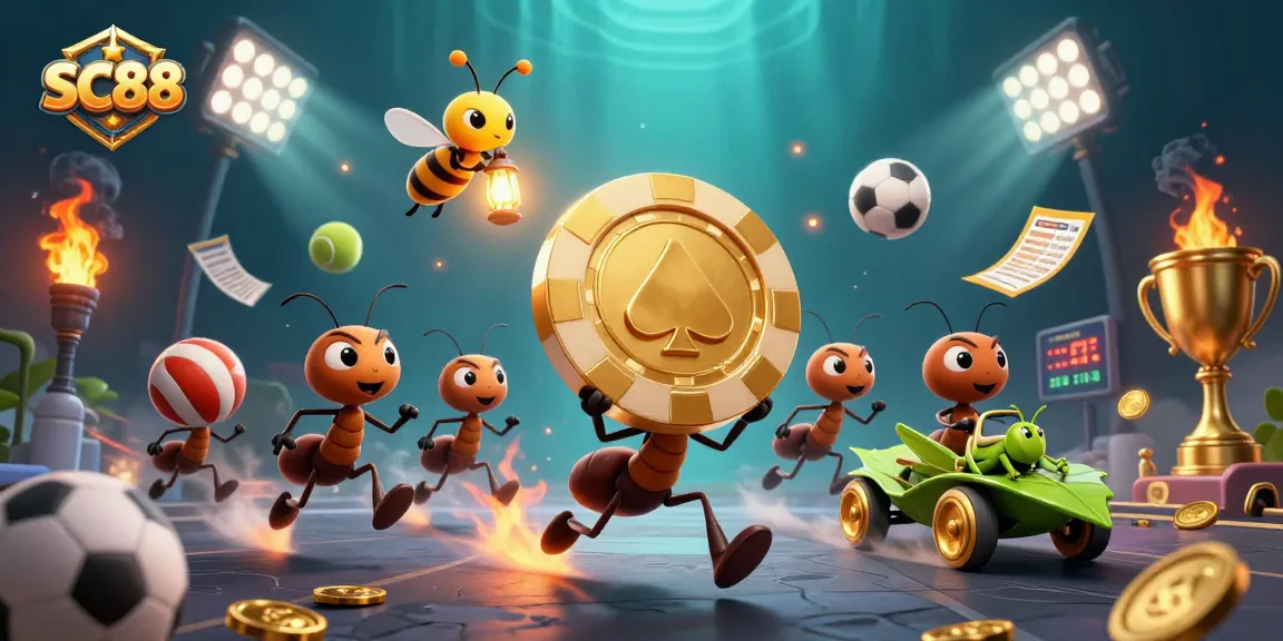 SC88 engages players with ants carrying a giant poker chip in a vibrant digital casino setting.