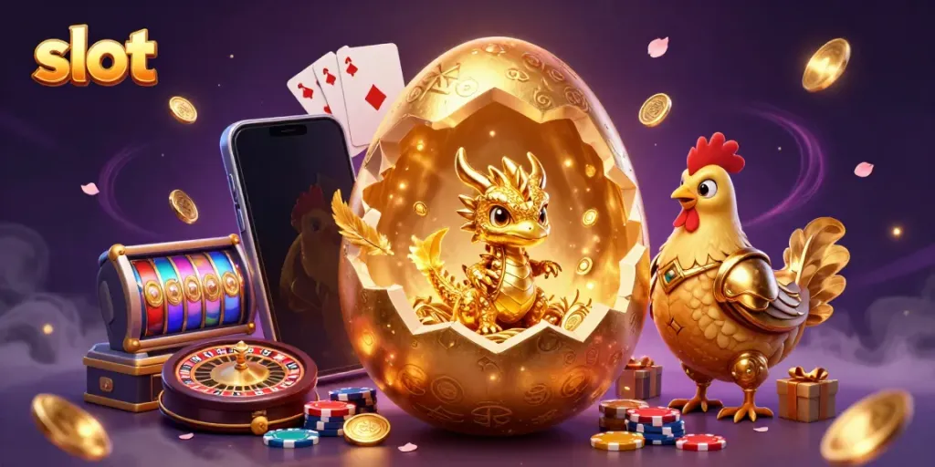 Experience the excitement of slots as a golden dragon emerges from a nest of poker chips.