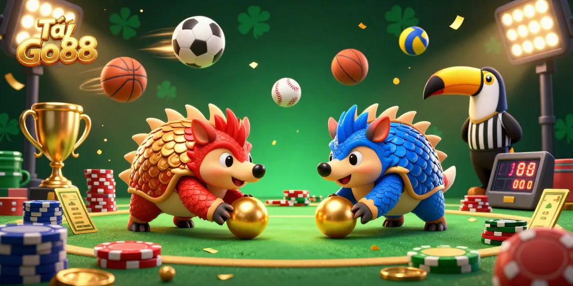 Tải Go88 showcases rival pangolins bowling through poker chips in an exciting 3D casino scene.